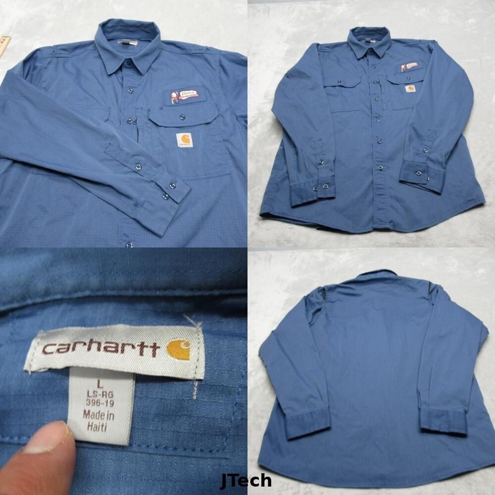 Carhartt Shirt Men Large Blue Rugged Utility Ripstop Pockets Long Sleeve Logo